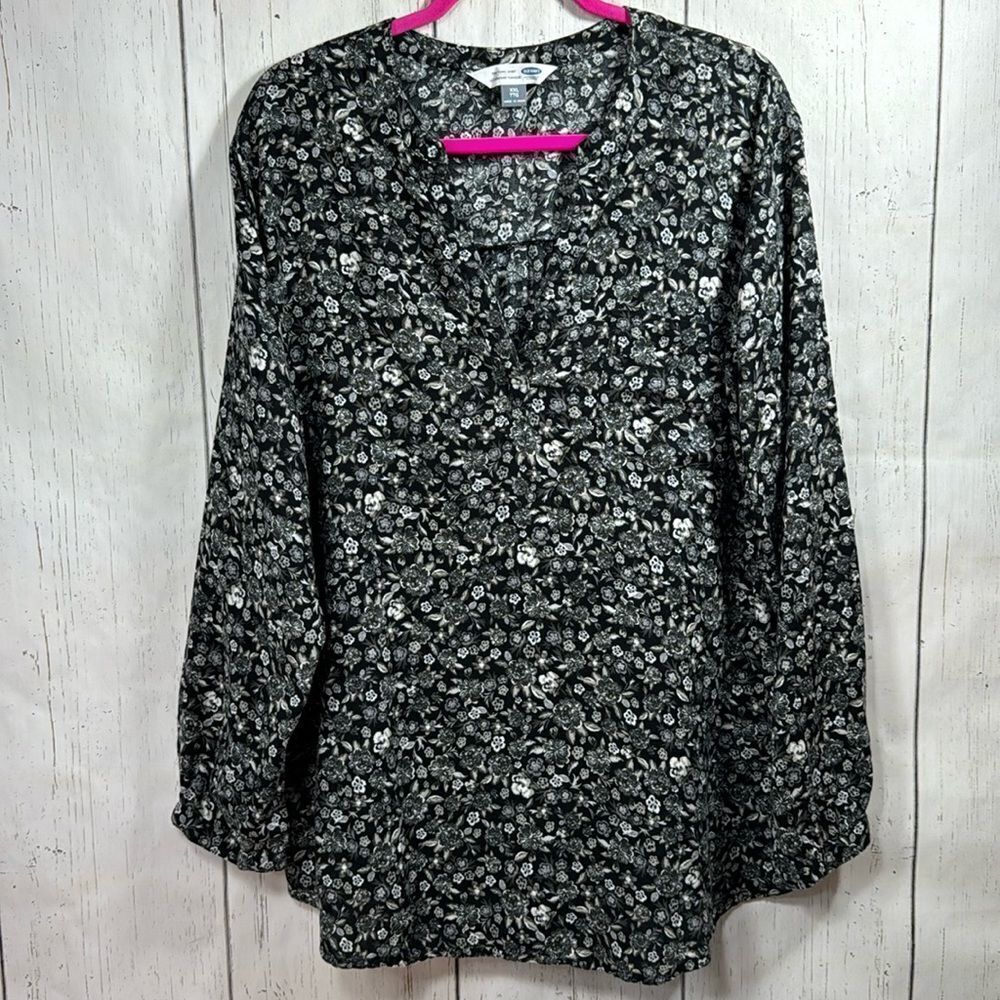 Old Navy The Tunic Shirt Lightweight V Neck Floral Peasant Black Gray Blouse